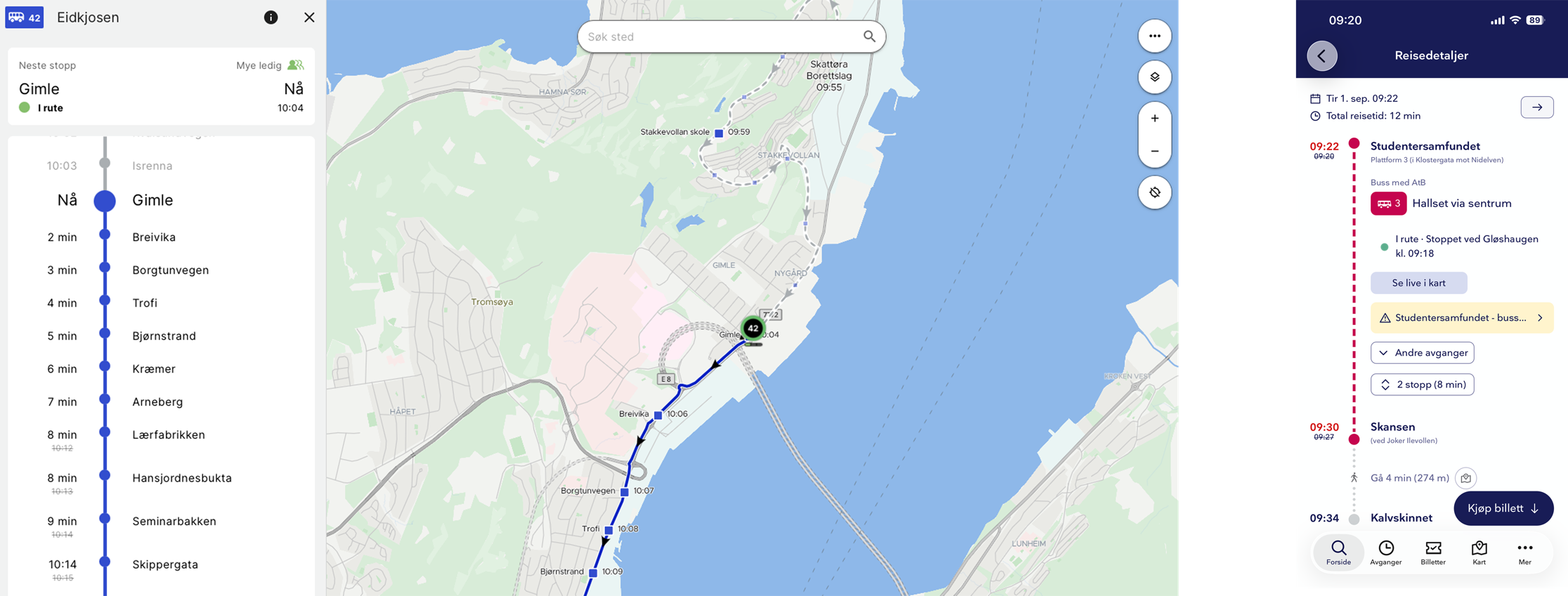 Skjermbilder: sanntidsvisning av buss i kart og reisedetaljer i appen.